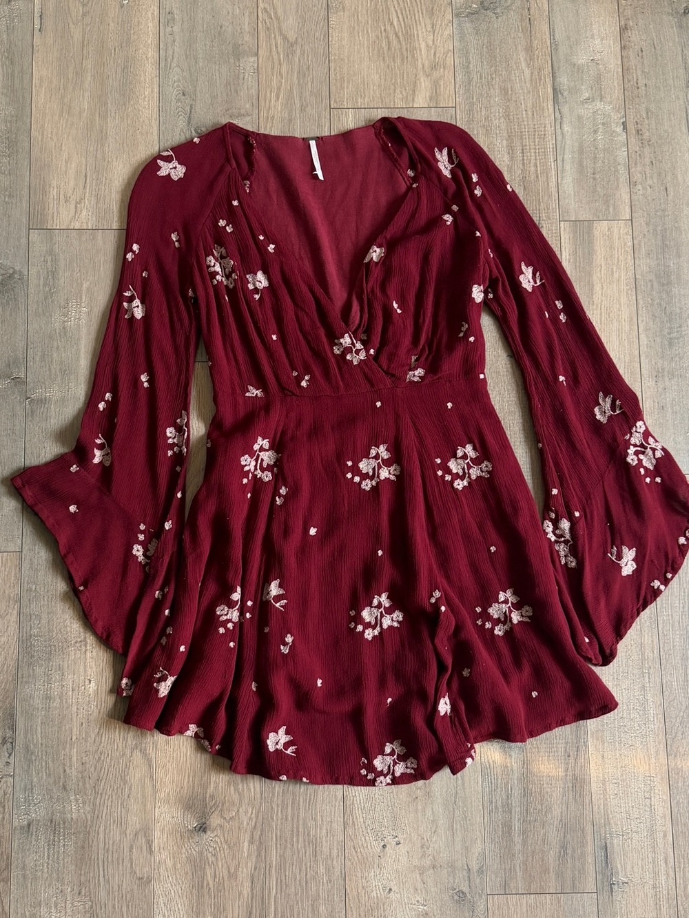 Free People Burgundy Floral Long-Sleeve V-Neck Dress Size 2